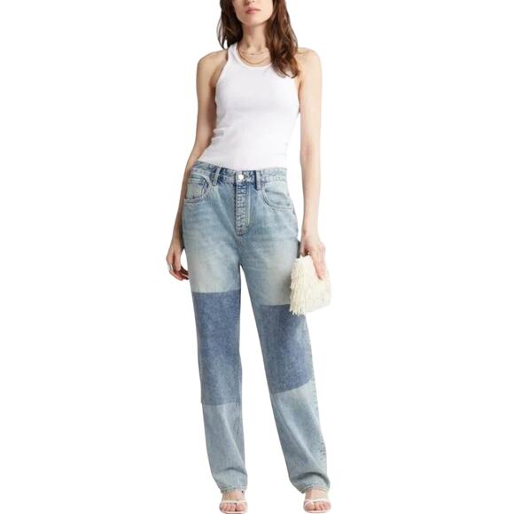 AG Jeans Cloved Patched Denim Jeans High Rise Relaxed Straight Leg Blue 26 NWT - Picture 1 of 9